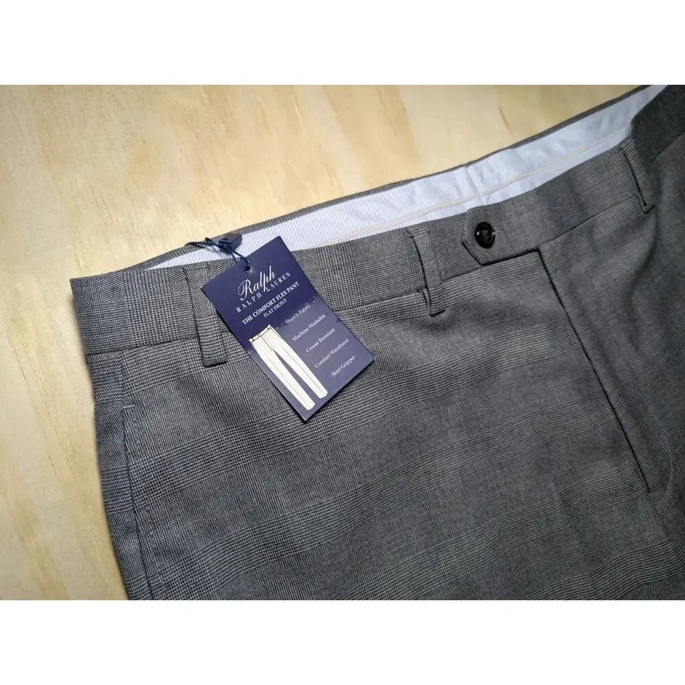 Ralph Lauren Men's 40x30 Comfort Flex Flat Front Dress Pants Gray Plaid NWT